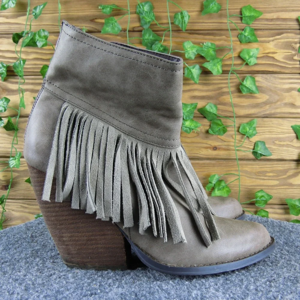 Very Volatile Women 7.5 Taupe Fringe Western Ankle Boot Block Heel Zip Synthetic
